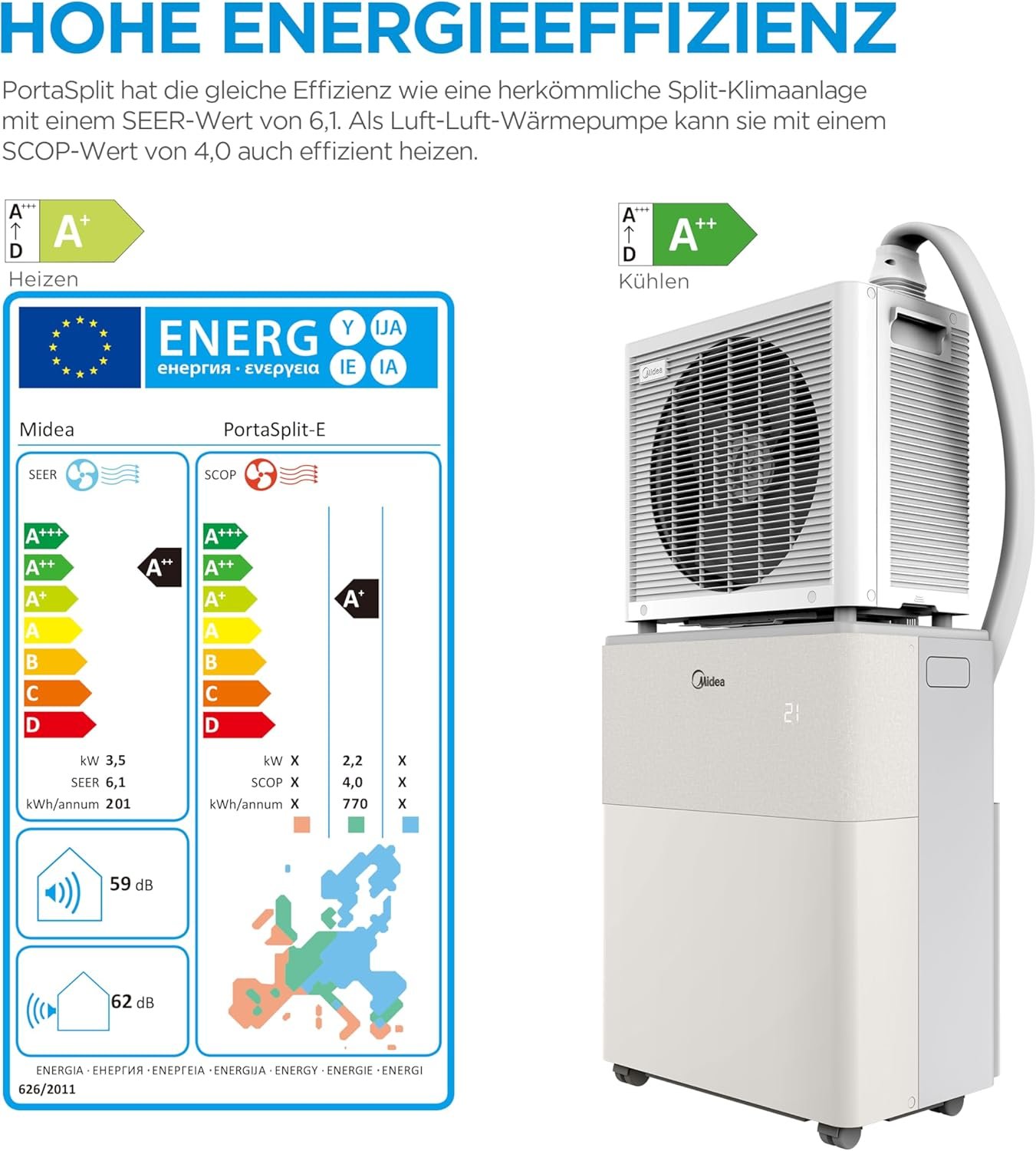 Midea PortaSplit-E Mobile Air Conditioner, Cooling A++/Heating A+, 12000 BTU 3.5 kW, Mini Split Air Conditioning, Peach, for Rooms up to 42 m² / 105 m³, Only 39 dB(A) in Silent Mode [Energy Class A++]