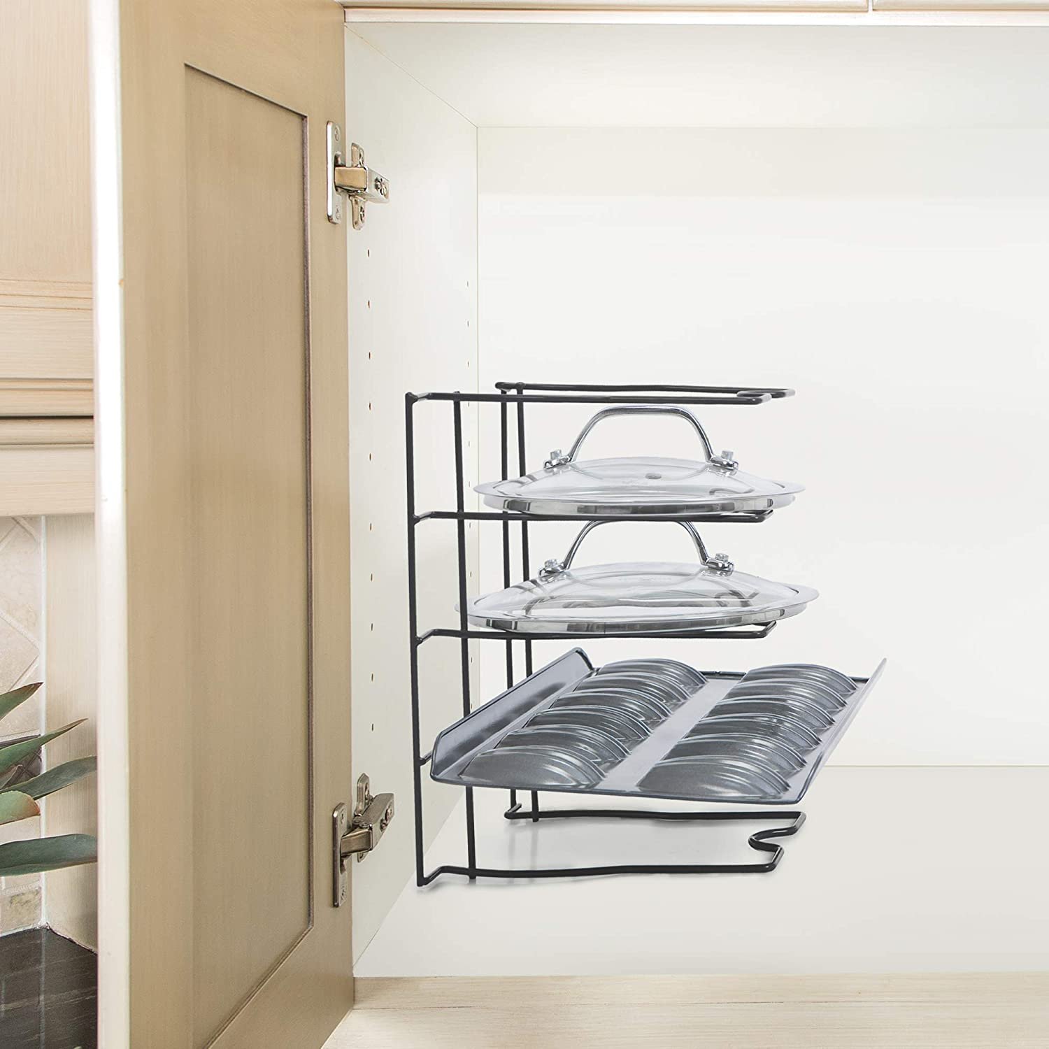 Bakeware and Lid Storage Rack with 4-Compartment Dividers