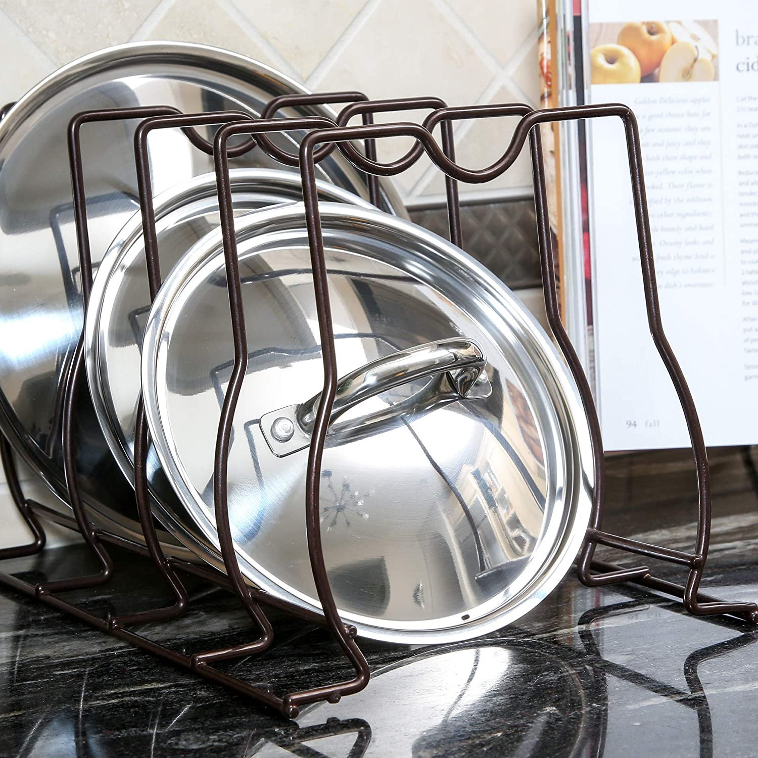 Bakeware and Lid Storage Rack with 4-Compartment Dividers