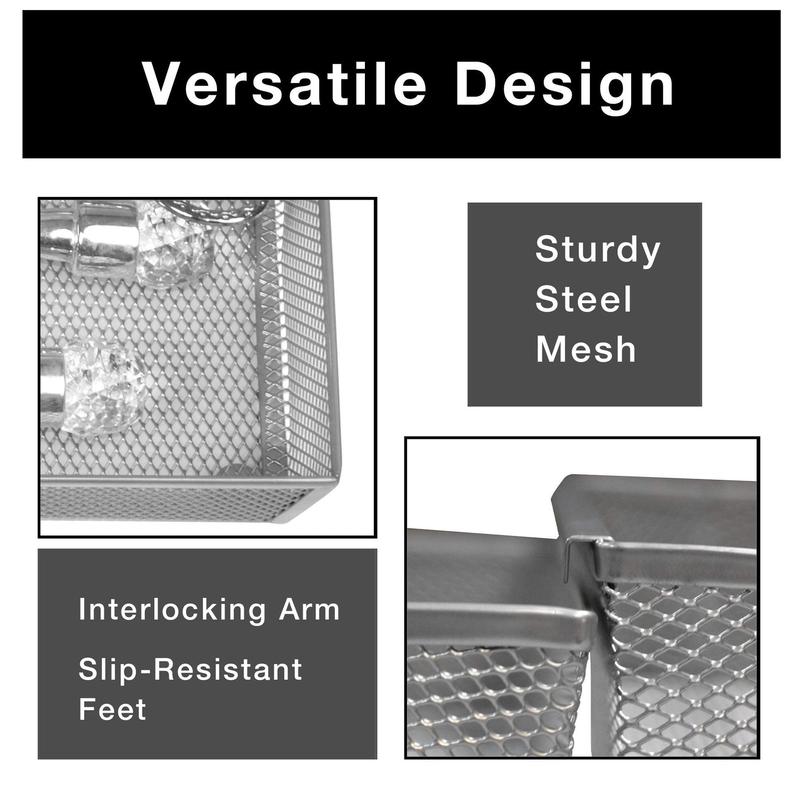 Steel Mesh Drawer Organizer with Interlocking Ends – 15" x 6" – Silver